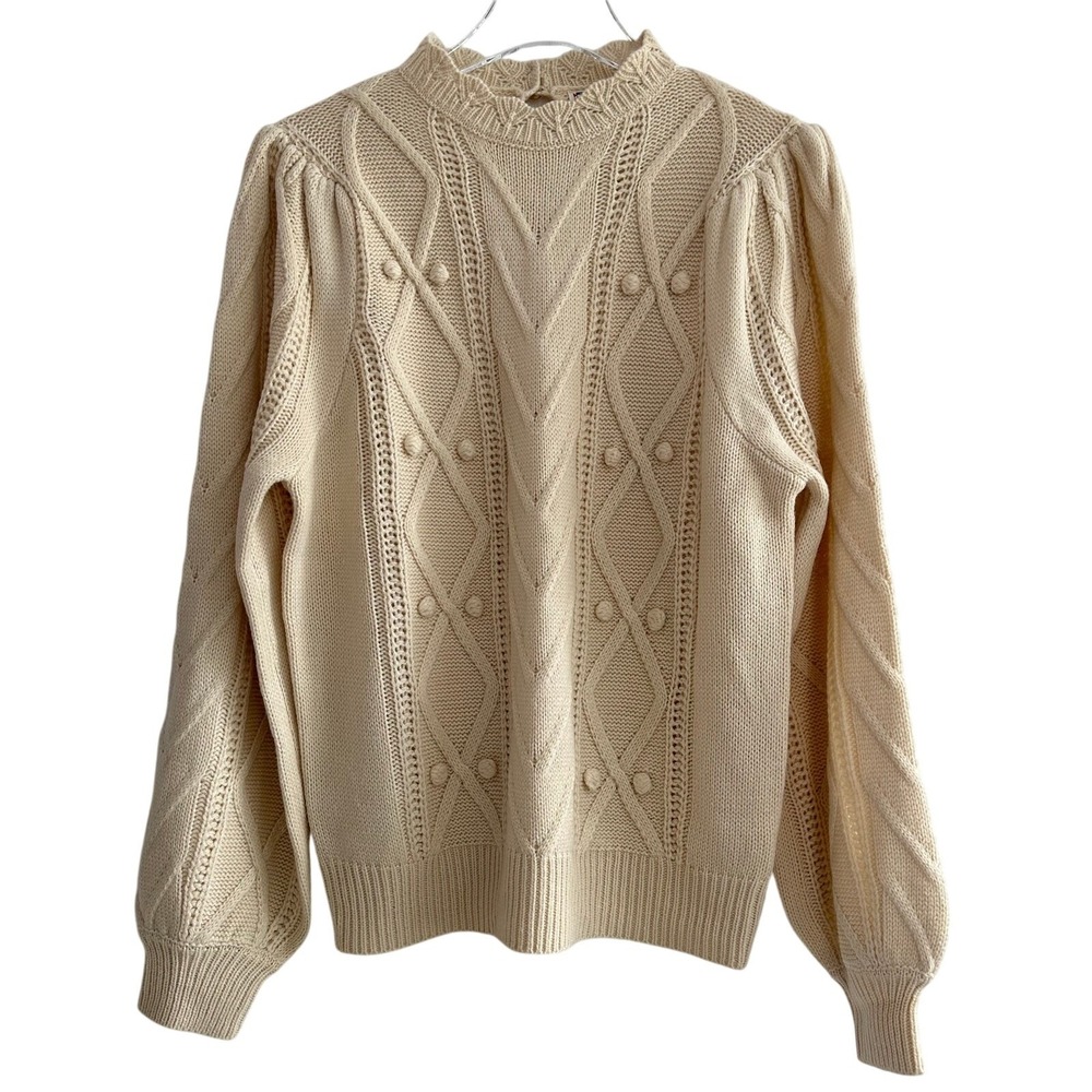 Flying Tomato Cable Knit Mock‎ Neck Sweater Women Large Beige Puff Sleeve